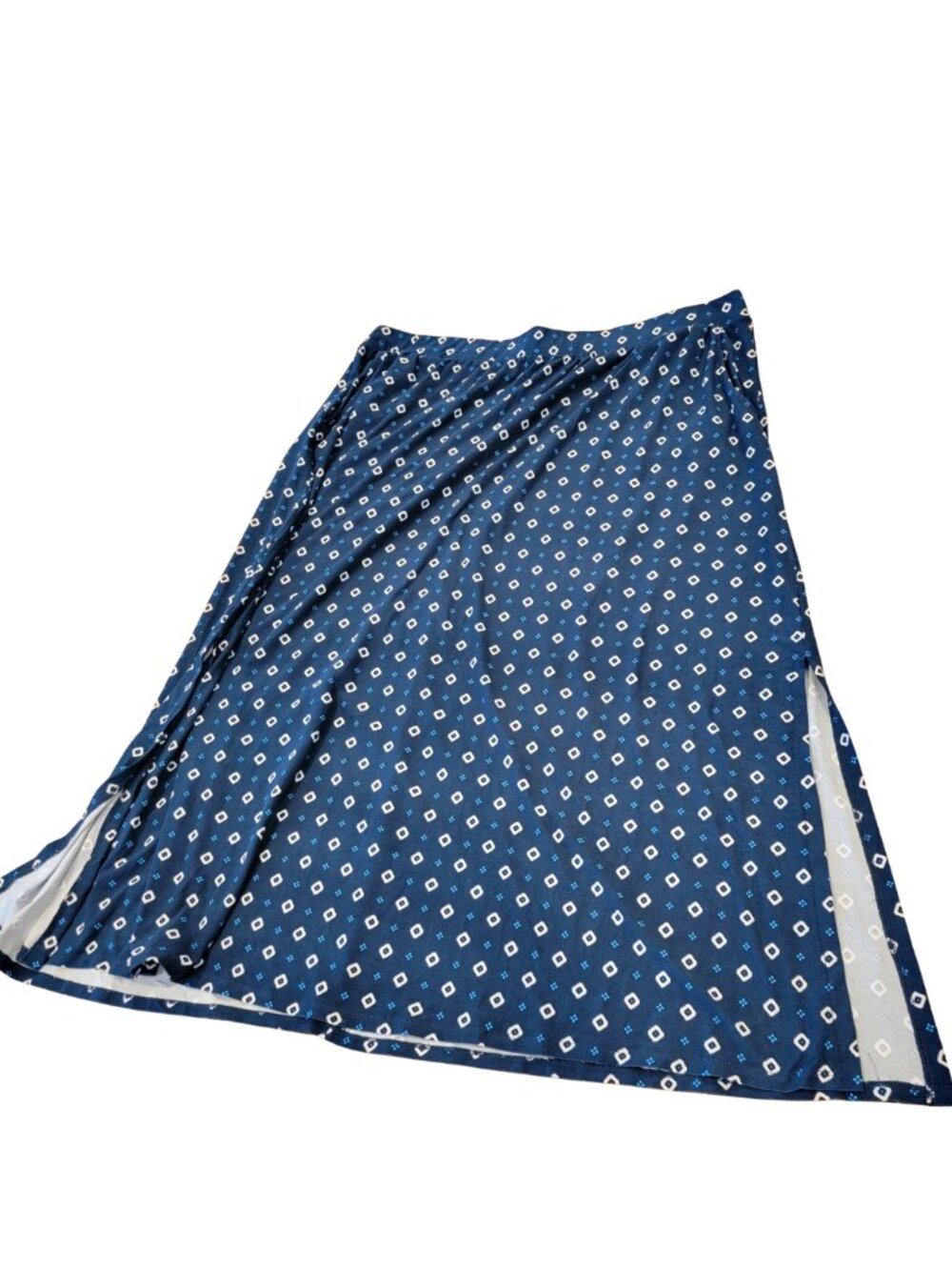 Terra & Sky Blue Calf Length Pull On Soft Maxi Skirt w Side Slit to Knee Opening
